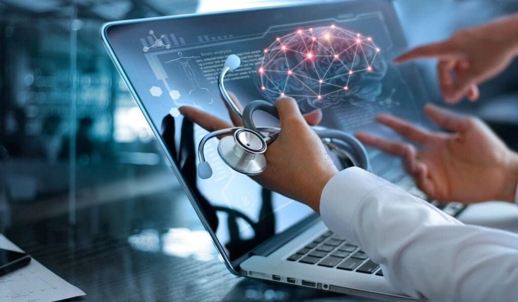 Doctor using laptop with digital brain hologram.